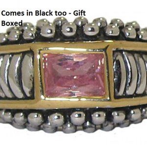 Cable ring pink CZ square white gold 18kt NWT